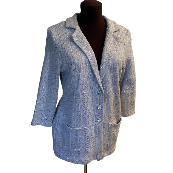 ECI New York Womens Silver Sequin Knit Jacket & Rhinestone Buttons Size Medium - Picture 2 of 13